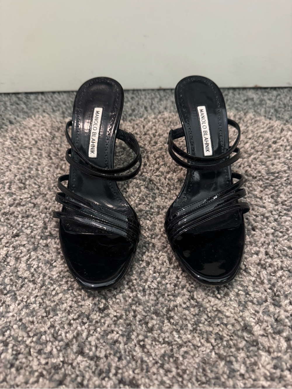 Manolo Blahnik Black Patent Strappy Mule Heels - Picture 2 of 5